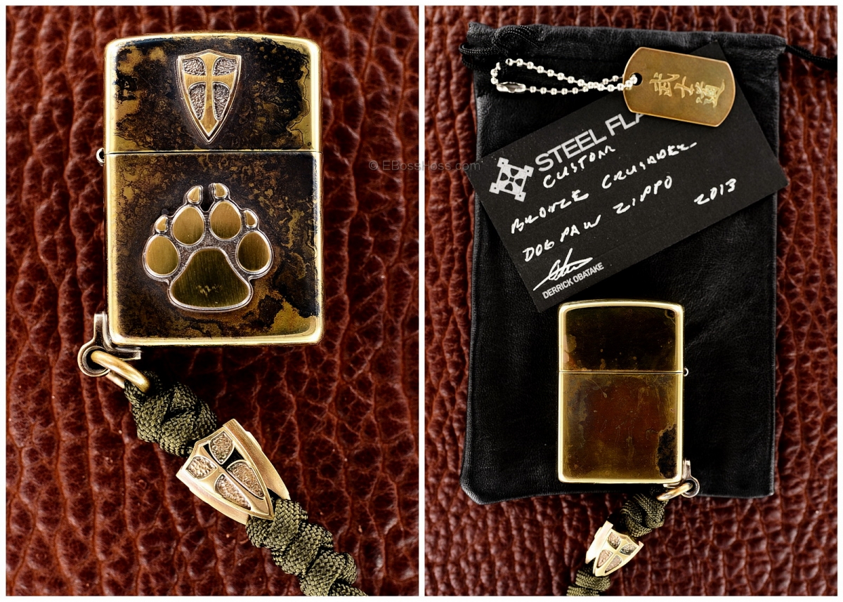 Steel Flame Bronze Cursader - Dog Paw Zippo w/Tri-Cross Bead