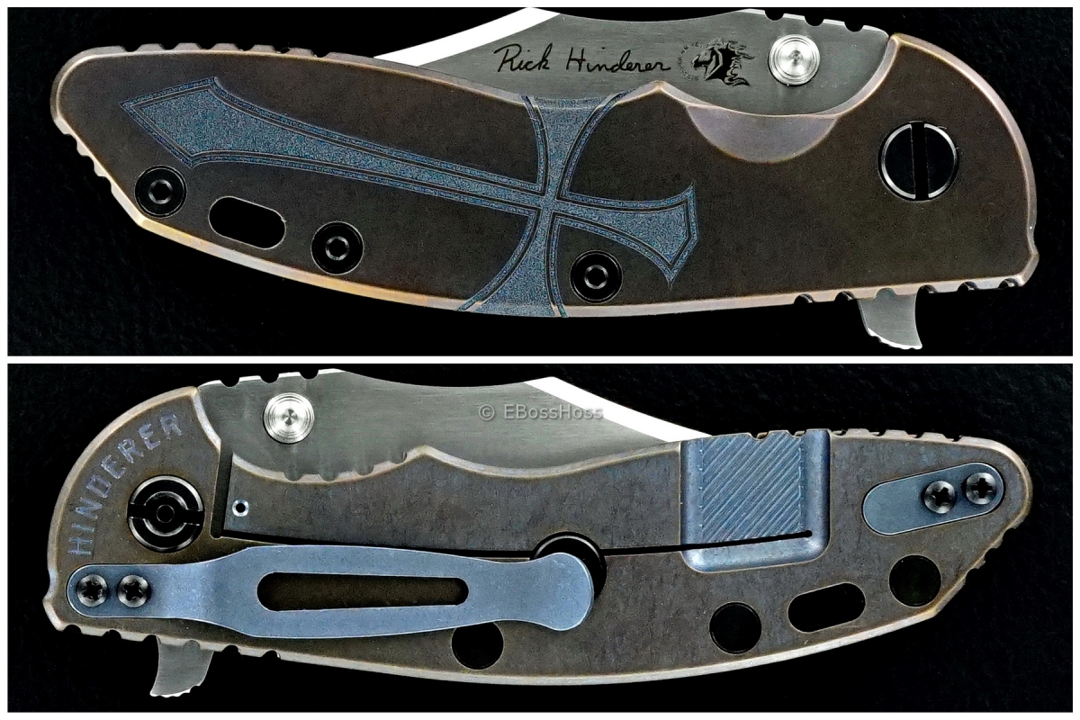 Rick Hinderer / Steel Flame Engraved Custom XM-18 TI-handled Bowie Flipper