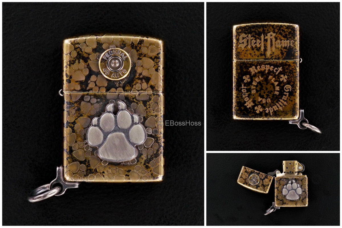 Steel Flame Dog Paw - Federal 45 Bronze Zippo Lighter with Attached Ring