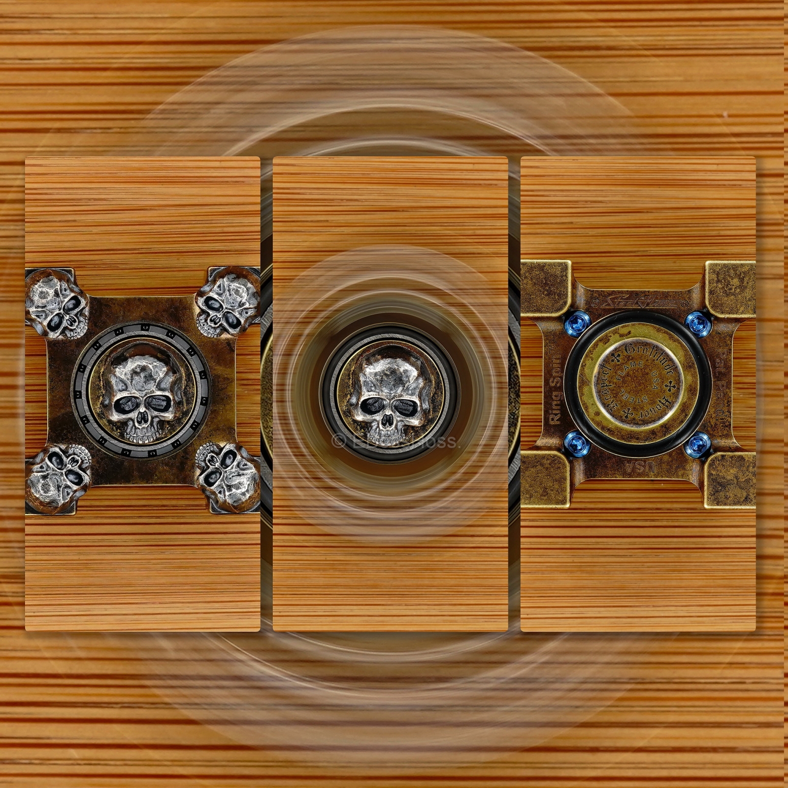 Steel Flame 3-D Sterling Silver Large Warrior Skulls Ring Spin KillBoX