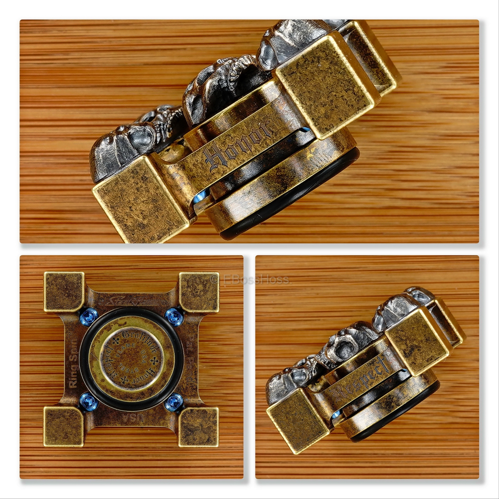 Steel Flame 3-D Sterling Silver Large Warrior Skulls Ring Spin KillBoX