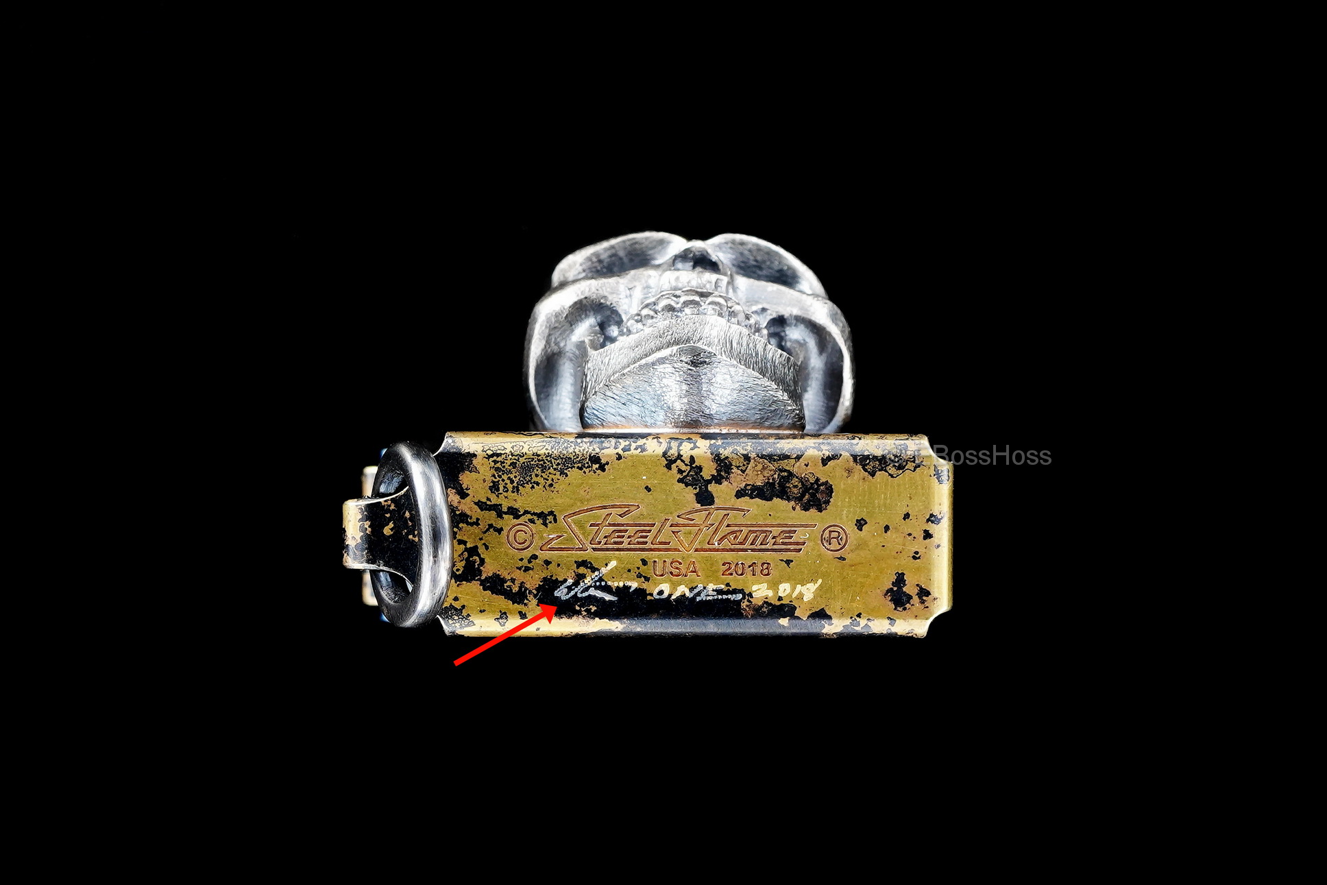 Steel Flame Custom Sledge Lighter ONE - with XXX Darkness Sterling Silver Skull by Derrick Obatake