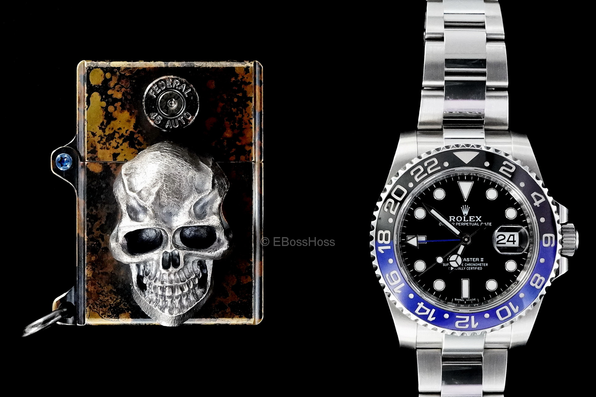 Steel Flame Custom Sledge Lighter ONE - with XXX Darkness Sterling Silver Skull by Derrick Obatake