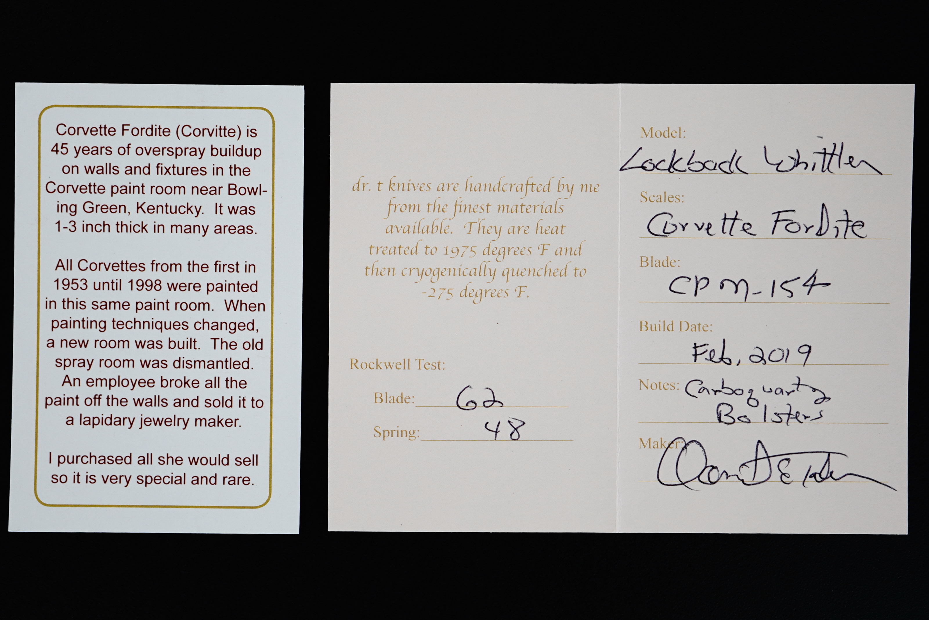 Dr T Knives / David Taber Custom Corvette Fordite Lockback Whittler