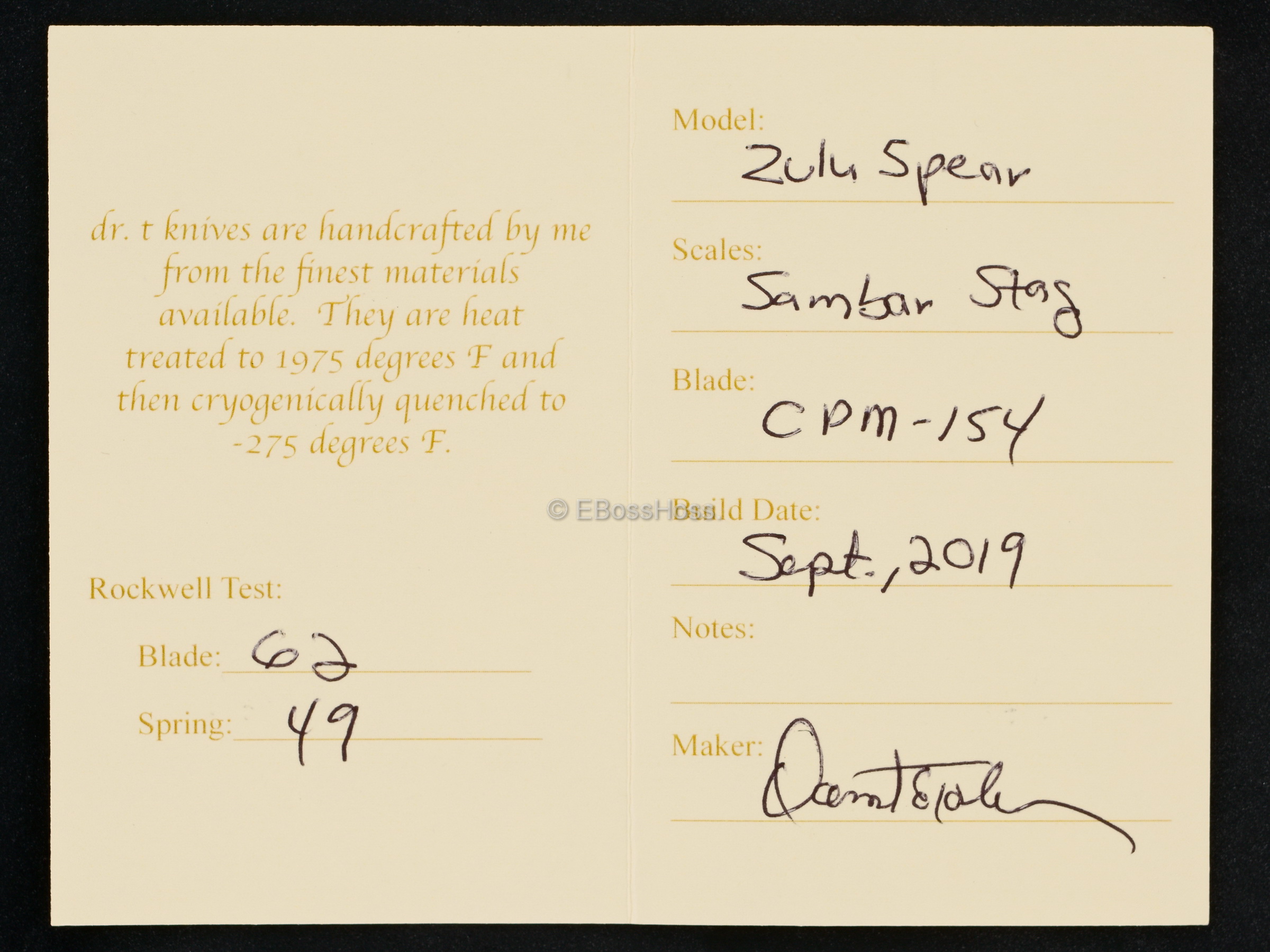 Dr T Knives / David Taber Custom Bolstered Sambar Stag Zulu Spear Slipjoint