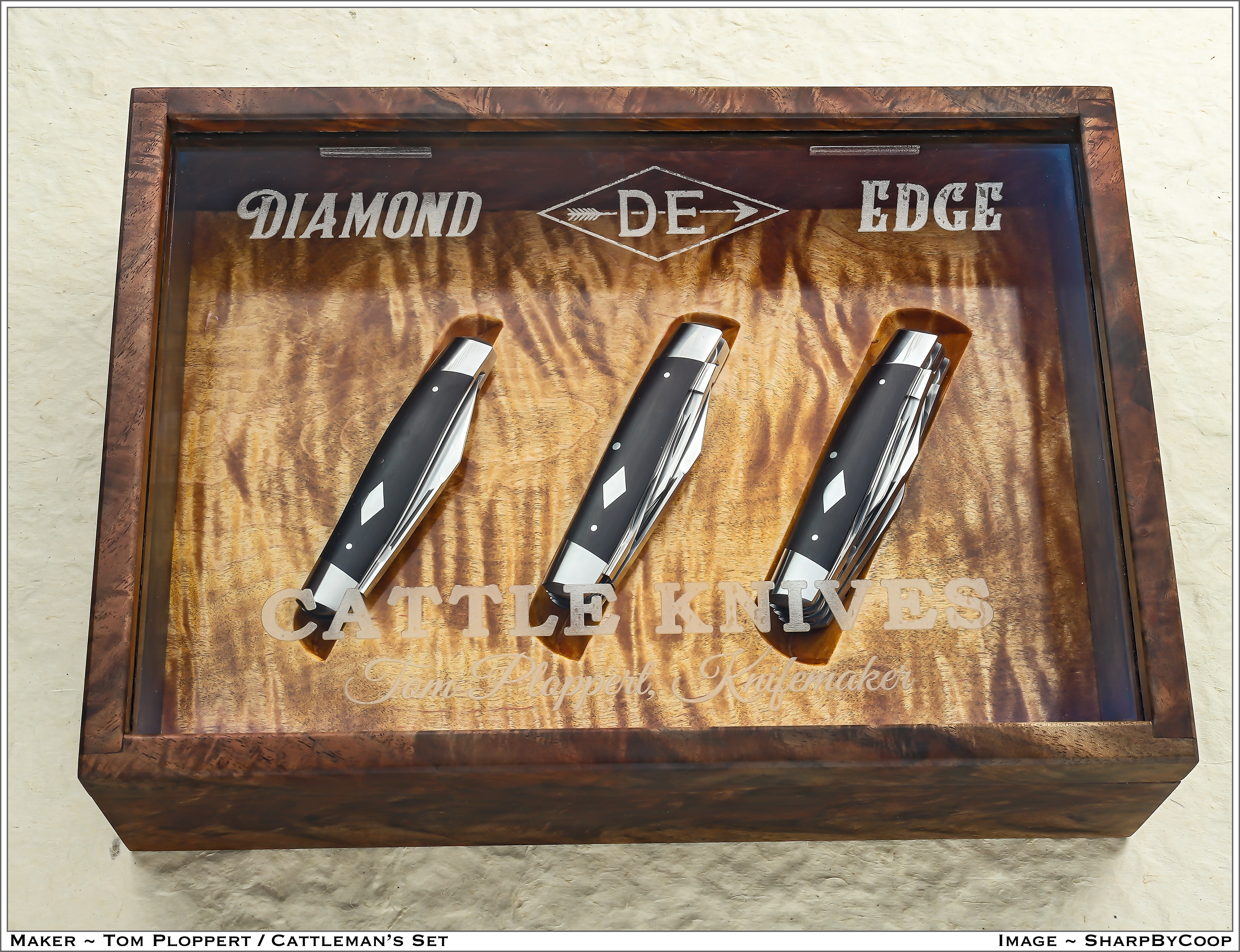 Tom Ploppert Custom Diamond Edge Cattle Knives Set with Display Case