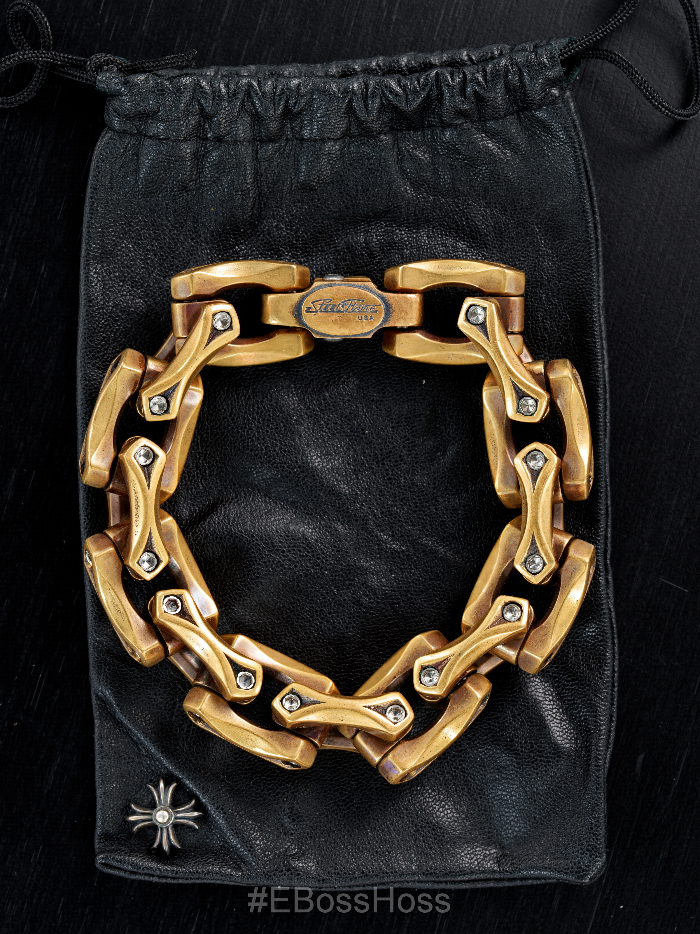 Steel Flame Bronze Axe Link Bracelet with Crusader Cross Clasp